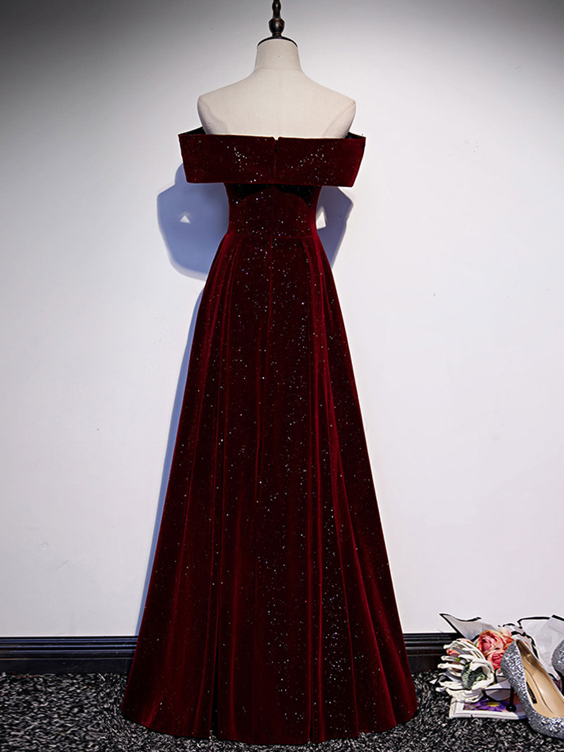 A-Line Off-Shoulder Velvet Burgundy Long Prom Dress Burgundy Formal Dress