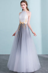 Gray High Neck Tulle Long Prom Dress Gray Tulle Formal Dress