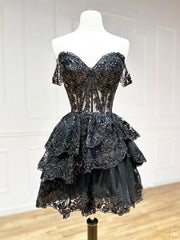 A-Line Tulle Sequin Black Short Prom Dress Black Homecoming Dress