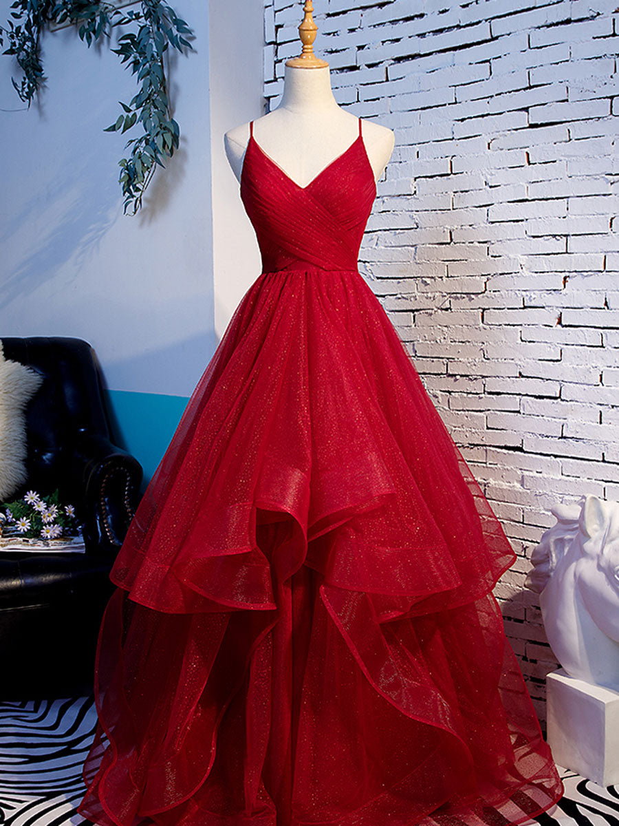 Burgundy V-Neck Tulle Long Prom Dress Burgundy Evening Dress