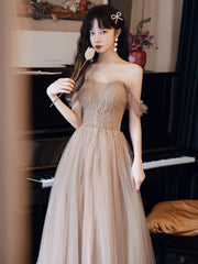 Champagne Tulle Beaded A-Line Long Prom Dress Champagne Evening Dress