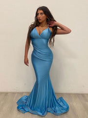 Simple Blue Satin Mermaid Long Prom Dress Blue Evening Dress