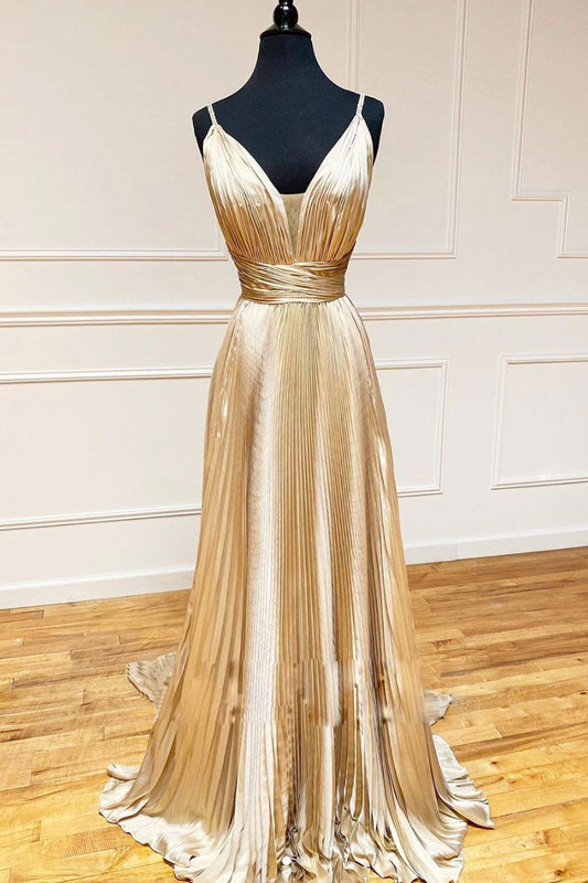 Simple V-Neck Satin Long Prom Dress Champagne Evening Dress