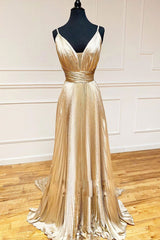 Simple V-Neck Satin Long Prom Dress Champagne Evening Dress