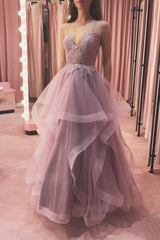 Elegant V-Neck Tulle Lace Long Prom Dress Lace Tulle Formal Dress