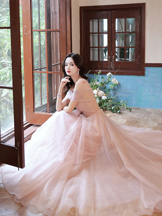 Pink Off-Shoulder Tulle Long Prom Dress Pink Tulle Evening Dress