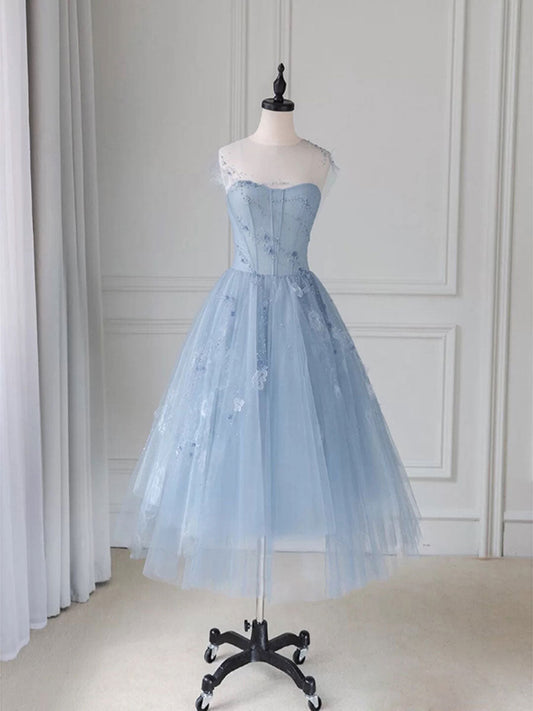 Blue Round Neck Tulle Short Prom Dress Blue Tulle Homecoming Dress