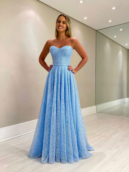 Blue Sweetheart Neck Tulle Beaded Long Prom Dress