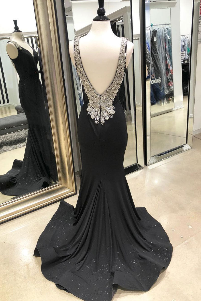 Black V-Neck Mermaid Long Prom Dress Black Evening Dress