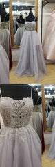 Gray Sweetheart Tulle Lace Long Prom Dress Tulle Formal Dress