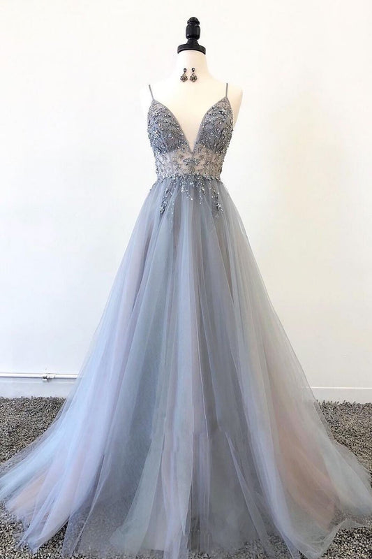 Gray V-Neck Tulle Long Prom Dress Gray Tulle Evening Dress