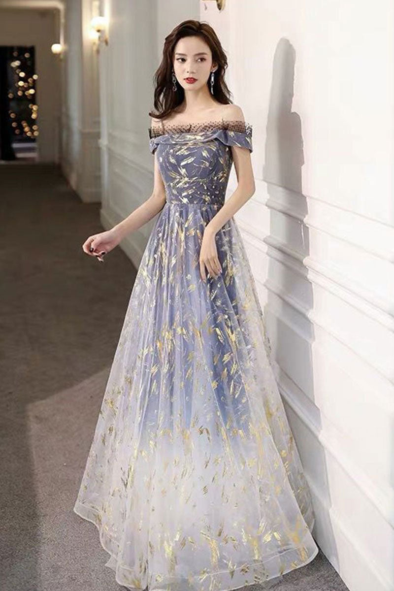 Blue Tulle Off-Shoulder Long Prom Dress Tulle Formal Dress