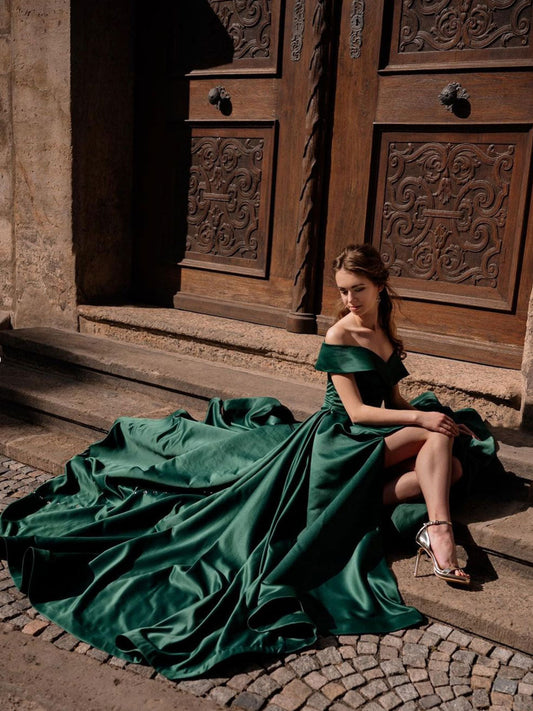 Simple Off-Shoulder Satin Green Long Prom Dress Green Evening Dress