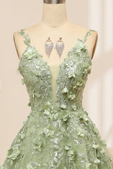 Green Tulle A Line Spaghetti Straps Long Prom Dress With Appliques