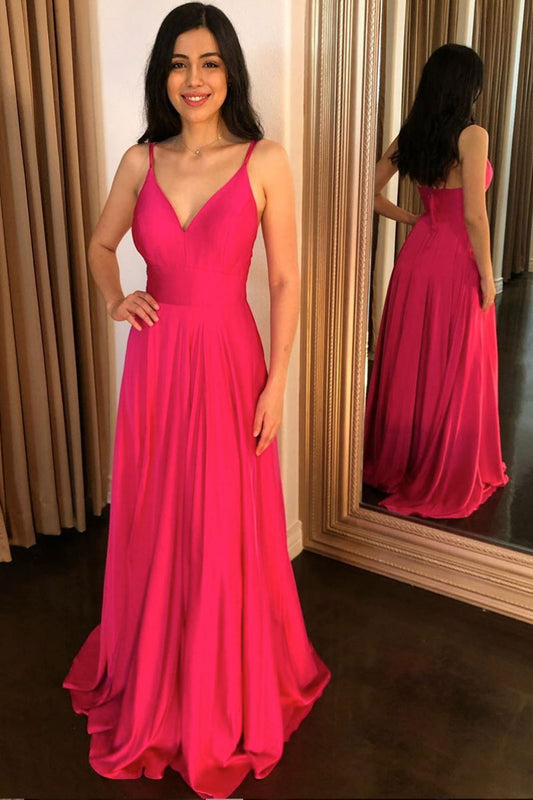 Simple V-Neck Pink Long Prom Dress Pink Formal Dress