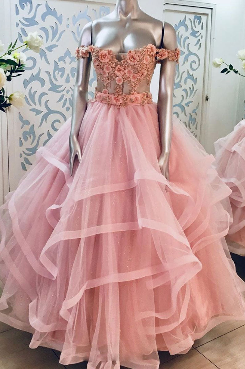 Pink Sweetheart Off-Shoulder Lace Long Prom Dress Pink Evening Dress