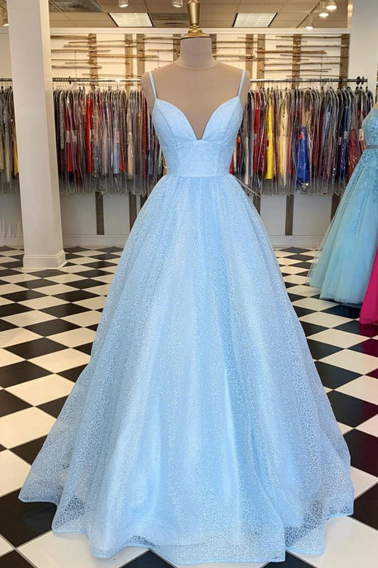 Blue V-Neck Tulle Long Prom Dress Blue Tulle Formal Gown