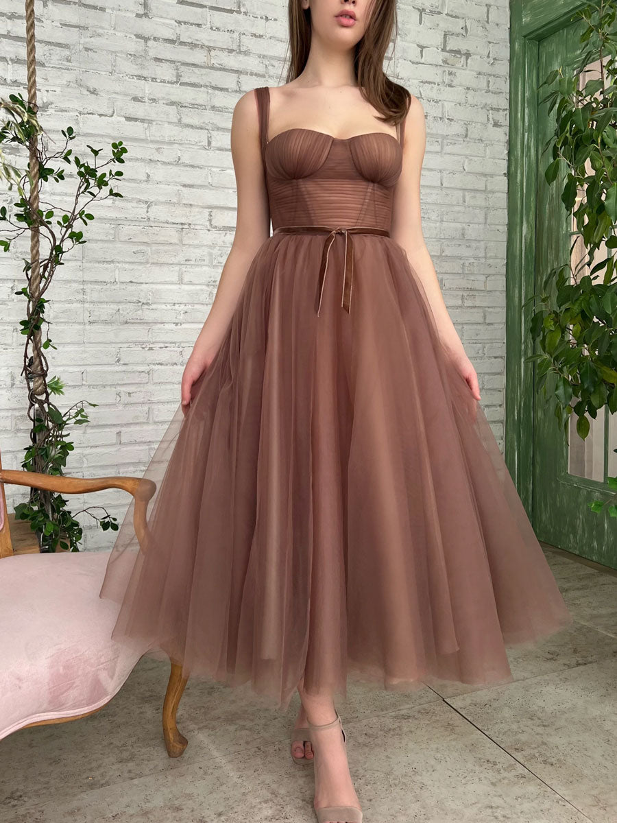 Simple A-Line Tea-Length Brown Prom Dress Brown Homecoming Dress