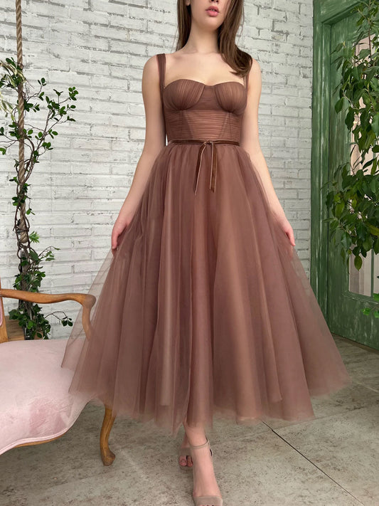 Simple A-Line Tea-Length Brown Prom Dress Brown Homecoming Dress