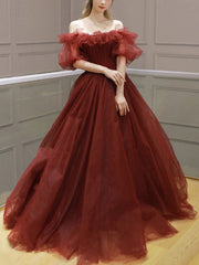 Burgundy Tulle Off-Shoulder Long Prom Dress Burgundy Evening Gown