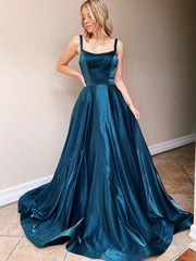 Simple Backless Satin Blue Long Prom Dress Blue Evening Dress