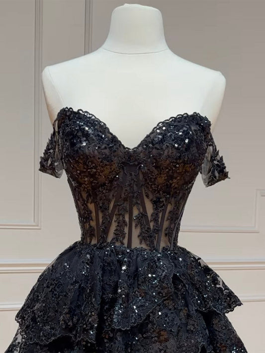 A-Line Tulle Sequin Black Short Prom Dress Black Homecoming Dress