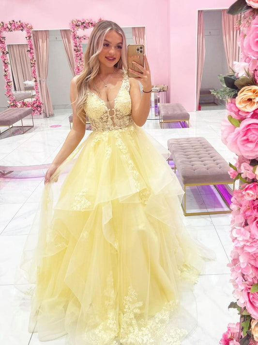 Yellow V-Neck Tulle Lace Long Prom Dress Yellow Tulle Evening Dress