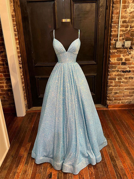 Simple Blue V-Neck Sequin Long Prom Dress A-Line Blue Evening Dress