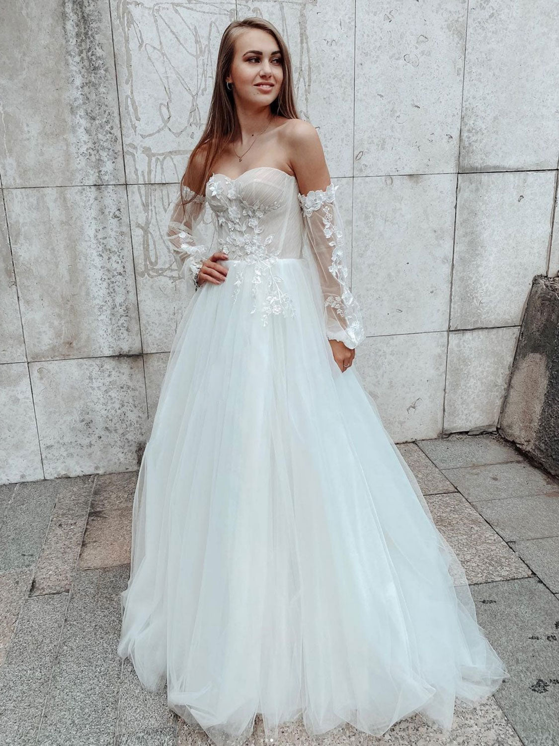 White Tulle Lace Long Prom Dress White Lace Evening Dress