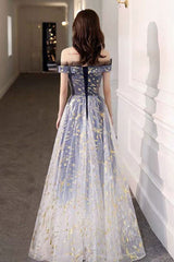 Blue Tulle Off-Shoulder Long Prom Dress Tulle Formal Dress