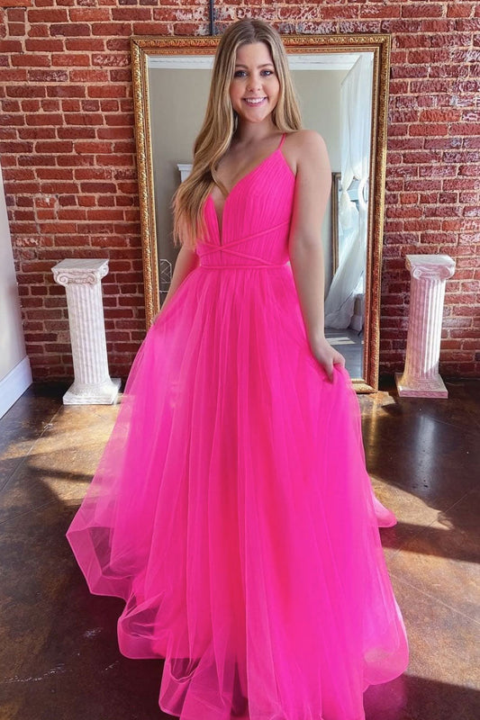 Simple V-Neck Tulle Long Prom Dress Tulle Long Formal Dress