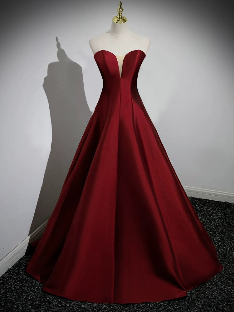 A-Line Puff Sleeves Satin Burgundy Long Prom Dress Burgundy Long Formal Dress