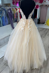 Apricot A Line Backless Long Prom Dress With Appliques