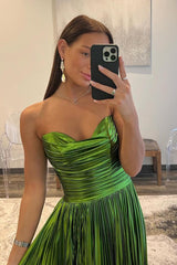 Oakley Dressystars  Green Metallic Strapless Pleated A-Line Long Prom Dresses