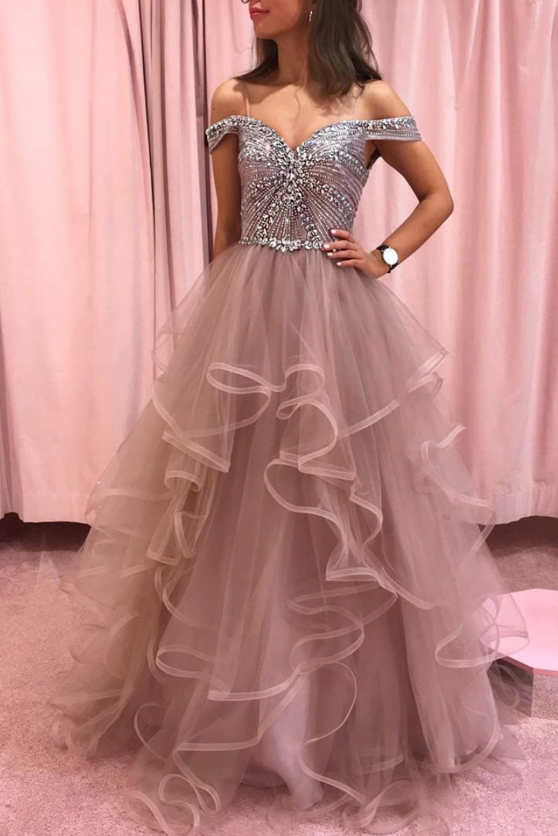 Champagne Tulle Off-Shoulder Long Prom Dress Tulle Evening Dress