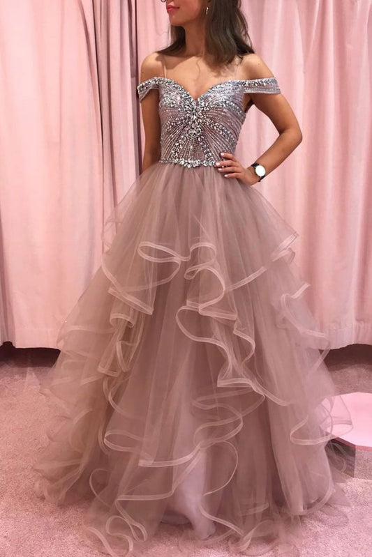 Champagne Tulle Off-Shoulder Long Prom Dress Tulle Evening Dress