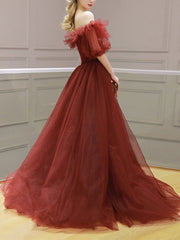 Burgundy Tulle Off-Shoulder Long Prom Dress Burgundy Evening Gown