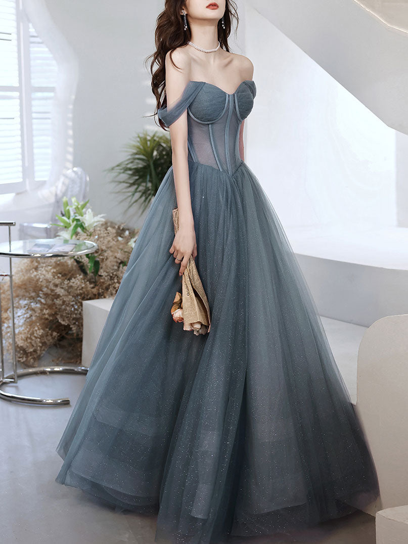 Gray Blue Sweetheart Neck Tulle Long Prom Dress White Tulle Formal Dress