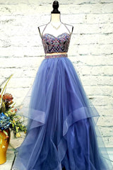 Blue Sweetheart Two-Pieces Tulle Long Prom Dress Blue Evening Gown