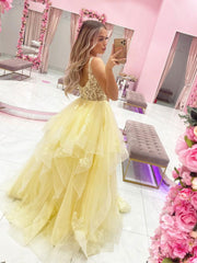 Yellow V-Neck Tulle Lace Long Prom Dress Yellow Tulle Evening Dress