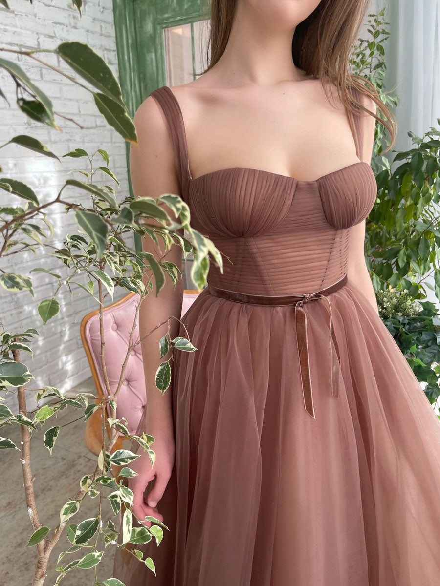 Simple A-Line Tea-Length Brown Prom Dress Brown Homecoming Dress