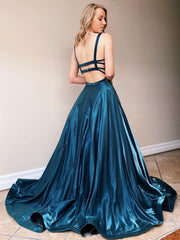 Simple Backless Satin Blue Long Prom Dress Blue Evening Dress