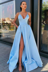 Simple Blue Satin Long Prom Dress Blue Bridesmaid Dress