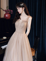 Champagne Tulle Beaded A-Line Long Prom Dress Champagne Evening Dress