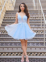 Blue V-Neck Tulle Lace Short Prom Dress Blue Tulle Homecoming Dress