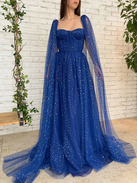 Blue Tulle Long Prom Dress Blue A-Line Tulle Formal Evening Dress