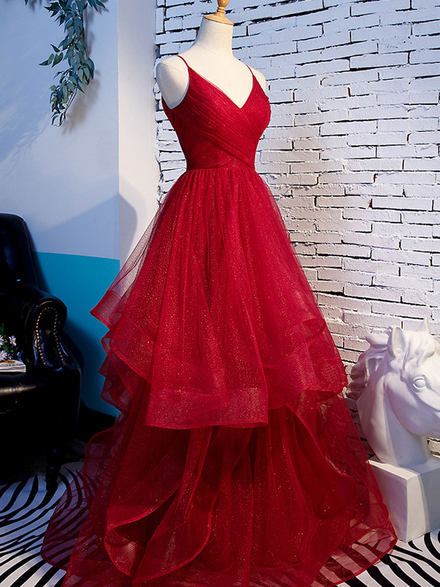 Burgundy V-Neck Tulle Long Prom Dress Burgundy Evening Dress