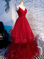 Burgundy V-Neck Tulle Long Prom Dress Burgundy Evening Dress