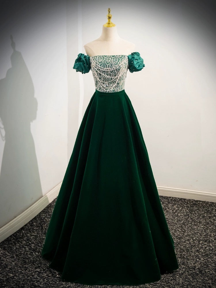 A-Line Velvet Sequin Beaded Green Long Prom Dress Green Velvet Long Formal Dress