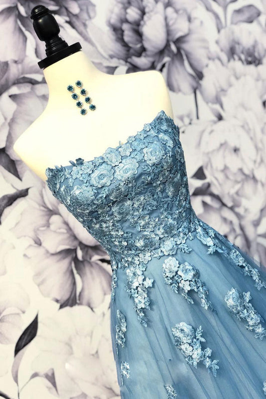 Blue Sweetheart Neck Tulle Applique Long Prom Dress Blue Evening Dress